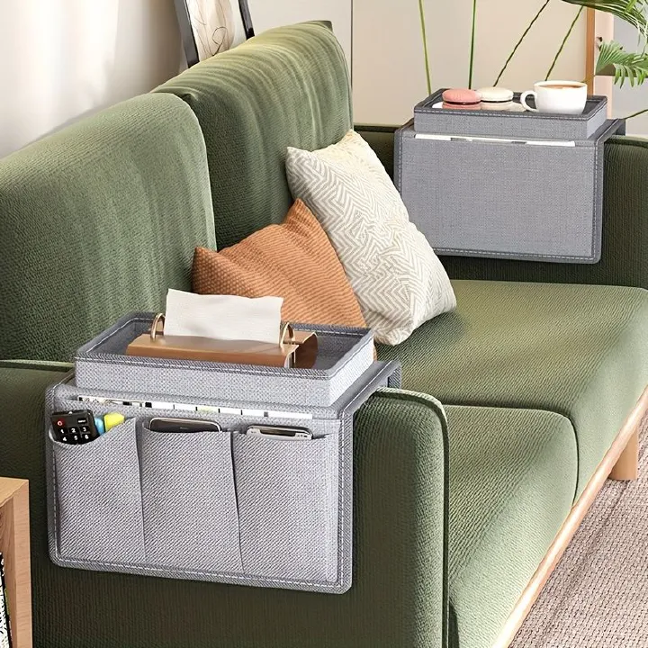 Jaza Keja Contemporary Sofa Armrest Oxford Organizer with Cup Holder Tray Bedside Hanging Bag Suitable for TV Remote Snacks Armchair Caddy Bedside Storage