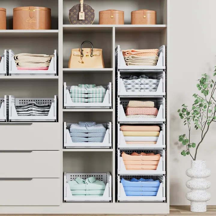 [Limited Offer]Jaza Keja 1PC Stackable Plastic Closet Organizer Box with Sliding Drawers Bins Foldable Storage Basket for Wardrobe Cupboard Kitchen Bathroom Office