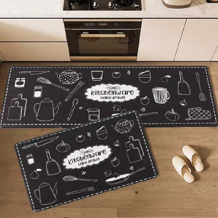 2PCS Black White Kitchenware Kitchen Rules Bakery Non Slip Absorbent Washable Kitchen Rugs Anti Fatigue Kitchen Mats Rugs Sets Floor Mats, Home Indoor Runner Carpet