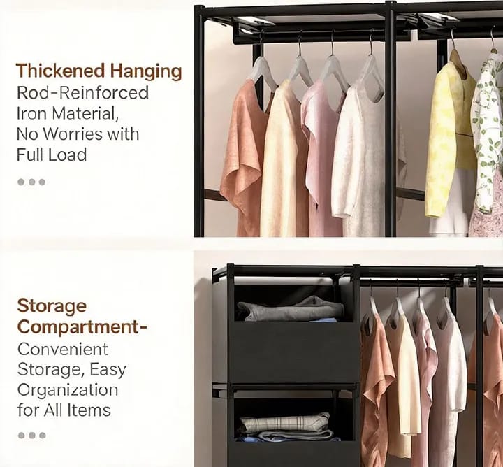 [New]Jaza Keja 16mm 3 Columns Portable Closet Easy Assembly Heavy Duty Large Capacity Wardrobe Closet Sturdy Stable Clothes Rack with Shelves 4 Storage Baskets 2 Hanging Rods for Bedroom Cloakroom
