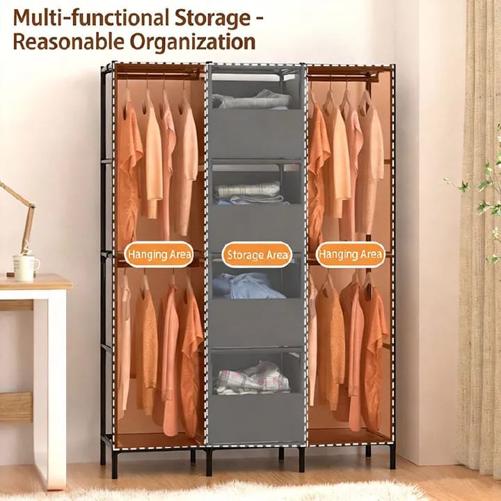 [New]Jaza Keja 16mm 3 Columns Portable Closet Easy Assembly Heavy Duty Large Capacity Wardrobe Closet Sturdy Stable Clothes Rack with Shelves 4 Storage Baskets 2 Hanging Rods for Bedroom Cloakroom