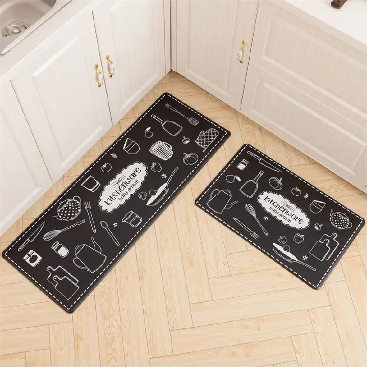2PCS Black White Kitchenware Kitchen Rules Bakery Non Slip Absorbent Washable Kitchen Rugs Anti Fatigue Kitchen Mats Rugs Sets Floor Mats, Home Indoor Runner Carpet