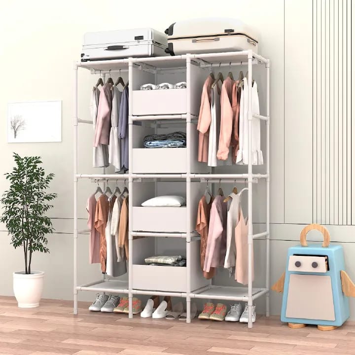 [New]Jaza Keja 16mm 3 Columns Portable Closet Easy Assembly Heavy Duty Large Capacity Wardrobe Closet Sturdy Stable Clothes Rack with Shelves 4 Storage Baskets 2 Hanging Rods for Bedroom Cloakroom