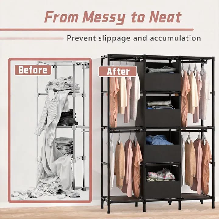 [New]Jaza Keja 16mm 3 Columns Portable Closet Easy Assembly Heavy Duty Large Capacity Wardrobe Closet Sturdy Stable Clothes Rack with Shelves 4 Storage Baskets 2 Hanging Rods for Bedroom Cloakroom