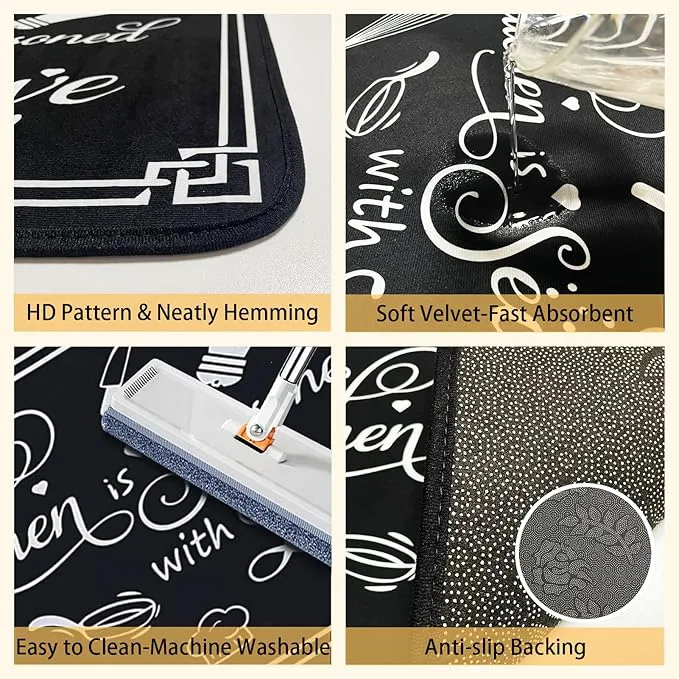 2PCS Black White Kitchenware Kitchen Rules Bakery Non Slip Absorbent Washable Kitchen Rugs Anti Fatigue Kitchen Mats Rugs Sets Floor Mats, Home Indoor Runner Carpet