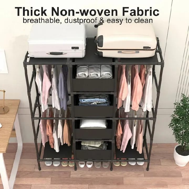 [New]Jaza Keja 16mm 3 Columns Portable Closet Easy Assembly Heavy Duty Large Capacity Wardrobe Closet Sturdy Stable Clothes Rack with Shelves 4 Storage Baskets 2 Hanging Rods for Bedroom Cloakroom