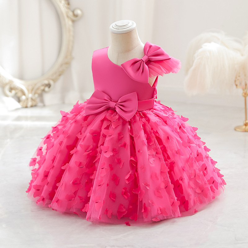 New girls' dresses in summer, round neck, flying sleeves, bow mesh and fluffy princess dress, are suitable for birthday school parties, family gatherings, dinner dresses and costumes.