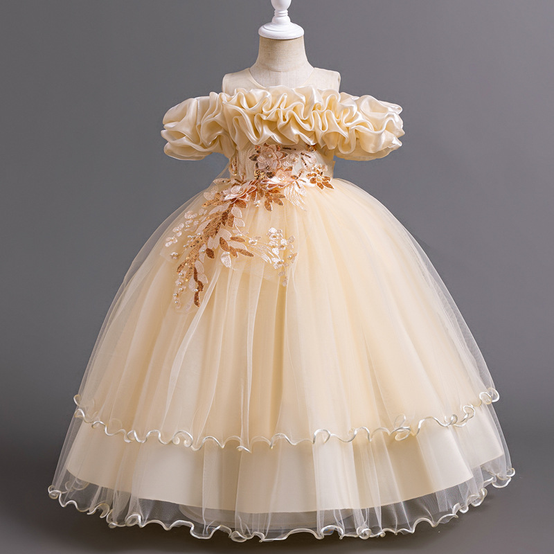New high-end girls' dresses in summer, solid color round neck, one-shoulder mesh fluffy skirt and long princess skirt, are suitable for birthday school, family gathering and banquet dresses.