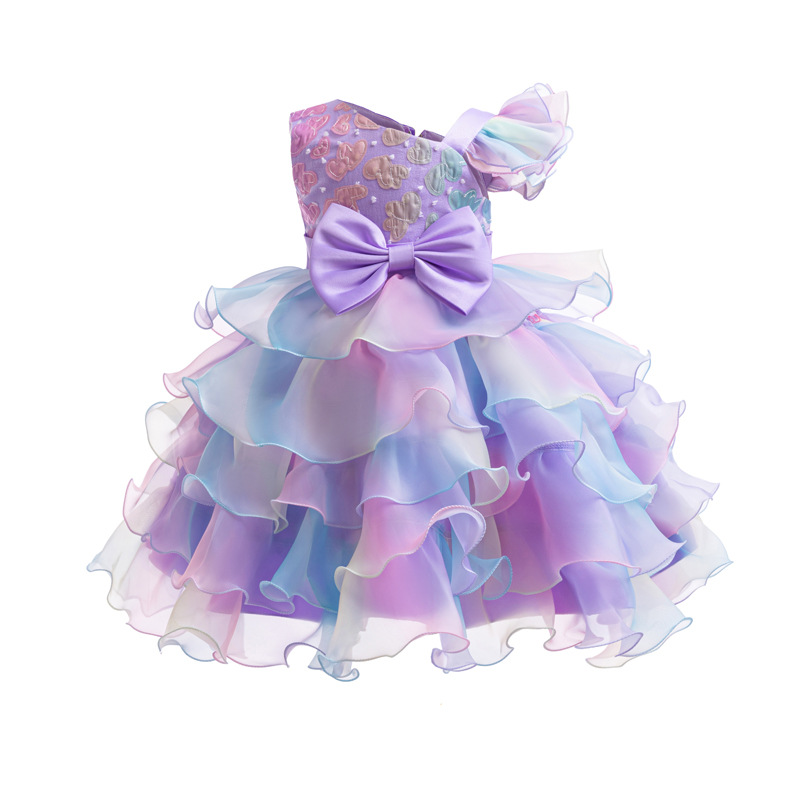 Summer new girl dress printed sleeveless round neck bow mesh fluffy princess dress is suitable for birthday school party, family party dinner dress performance clothes.
