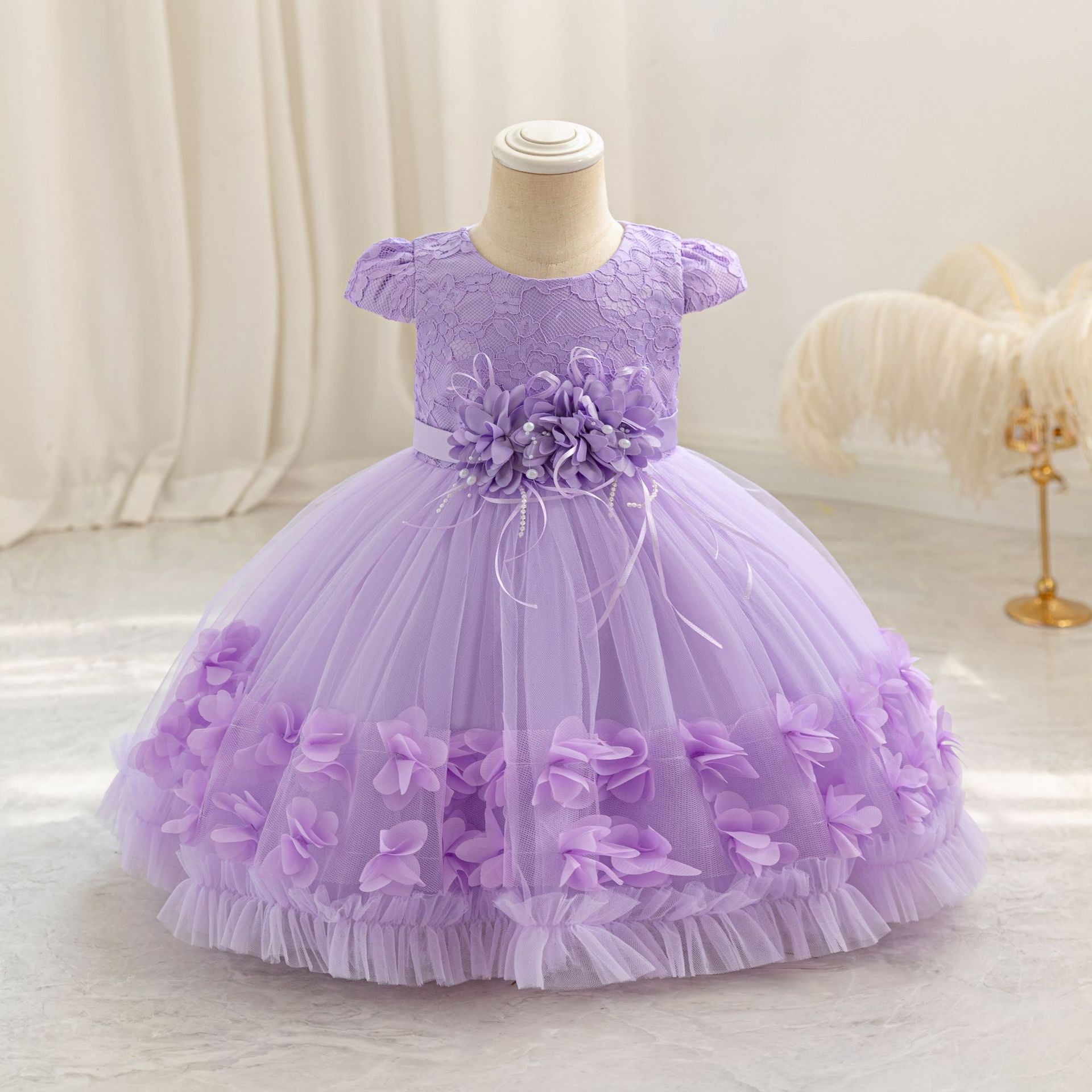New girls' dresses in summer, short sleeves, round neck, flowers, beaded bows, gauze and fluffy skirts, princess dresses are suitable for birthday school party dinner dresses, costumes.