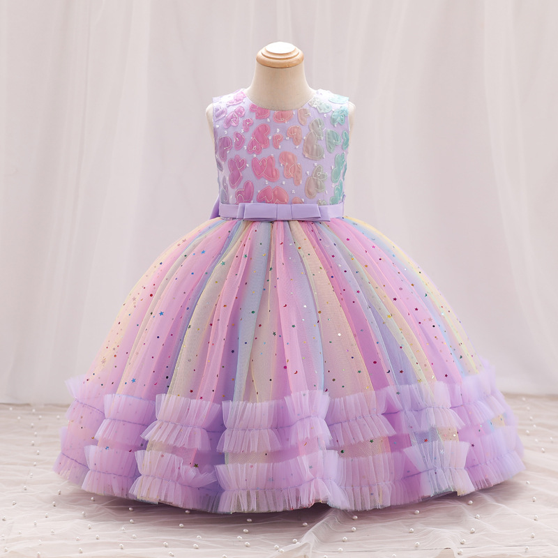 New girls' dresses in summer are printed with sleeveless round neck bow gauze fluffy princess dress suitable for birthday school party, family party, dinner party dress and costume.