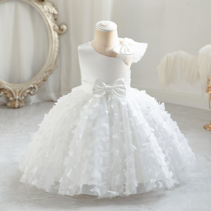 New girls' dresses in summer, round neck, flying sleeves, bow mesh and fluffy princess dress, are suitable for birthday school parties, family gatherings, dinner dresses and costumes.