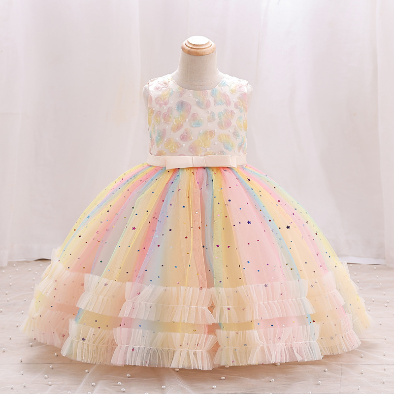 New girls' dresses in summer are printed with sleeveless round neck bow gauze fluffy princess dress suitable for birthday school party, family party, dinner party dress and costume.