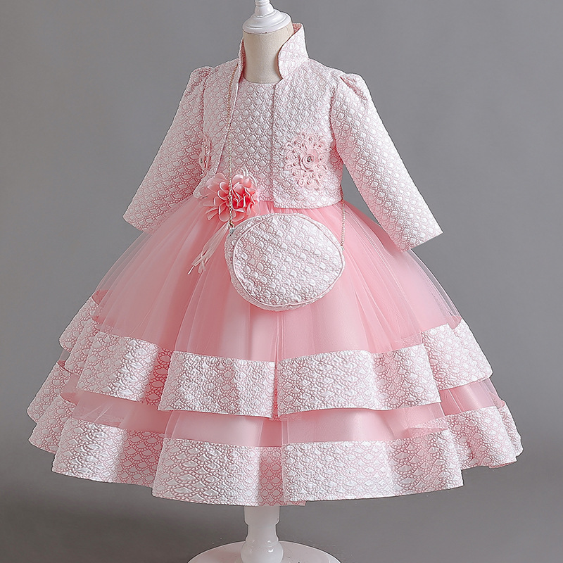 Summer new girls' dress suit long sleeve collar coat sleeveless round neck flower princess skirt small satchel dress three-piece birthday school party family party dinner dress costume.