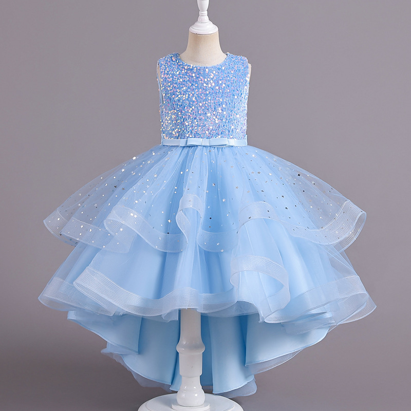 Summer new girl dress sleeveless round neck sequined gauze fluffy skirt long princess skirt trailing skirt suitable for birthday school party family party banquet dress costume.