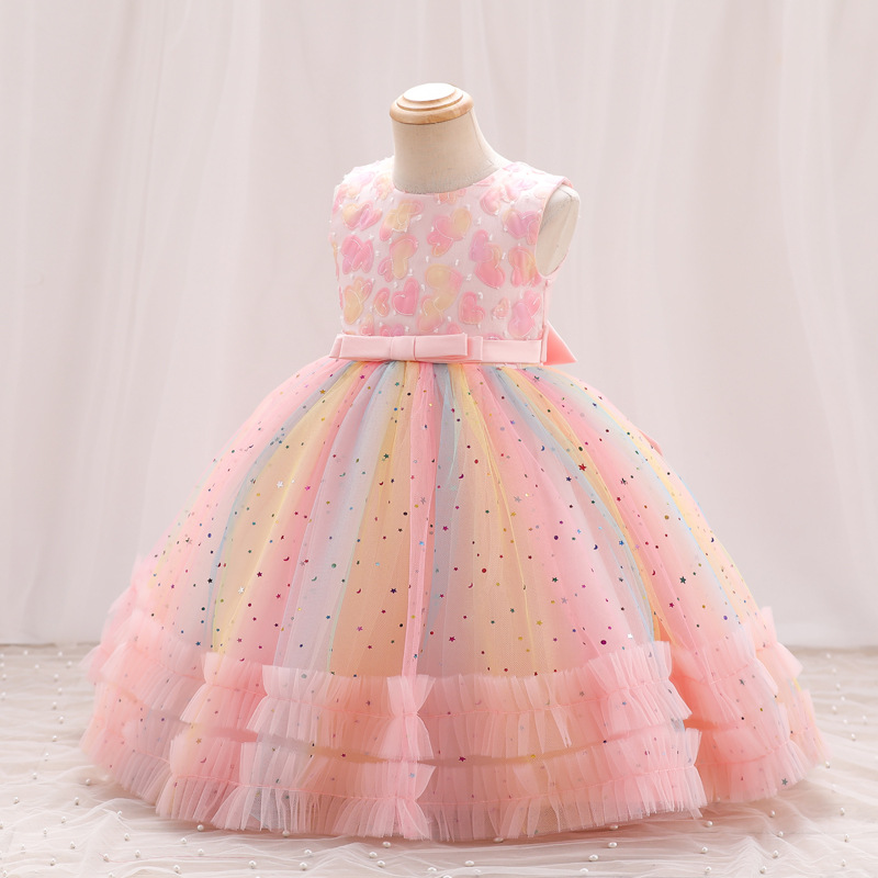 New girls' dresses in summer are printed with sleeveless round neck bow gauze fluffy princess dress suitable for birthday school party, family party, dinner party dress and costume.
