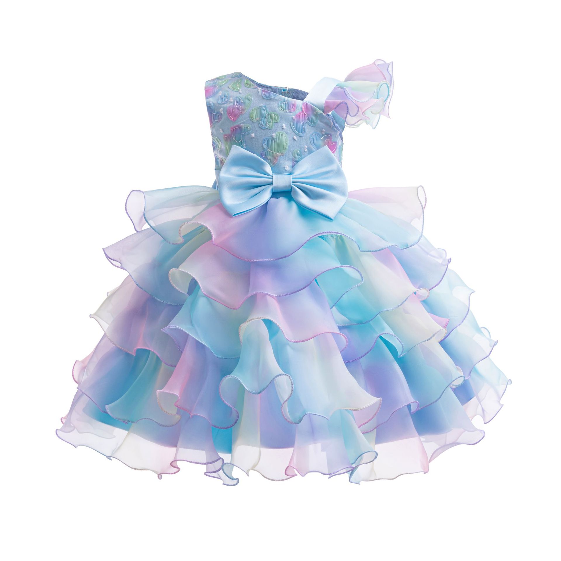 Summer new girl dress printed sleeveless round neck bow mesh fluffy princess dress is suitable for birthday school party, family party dinner dress performance clothes.