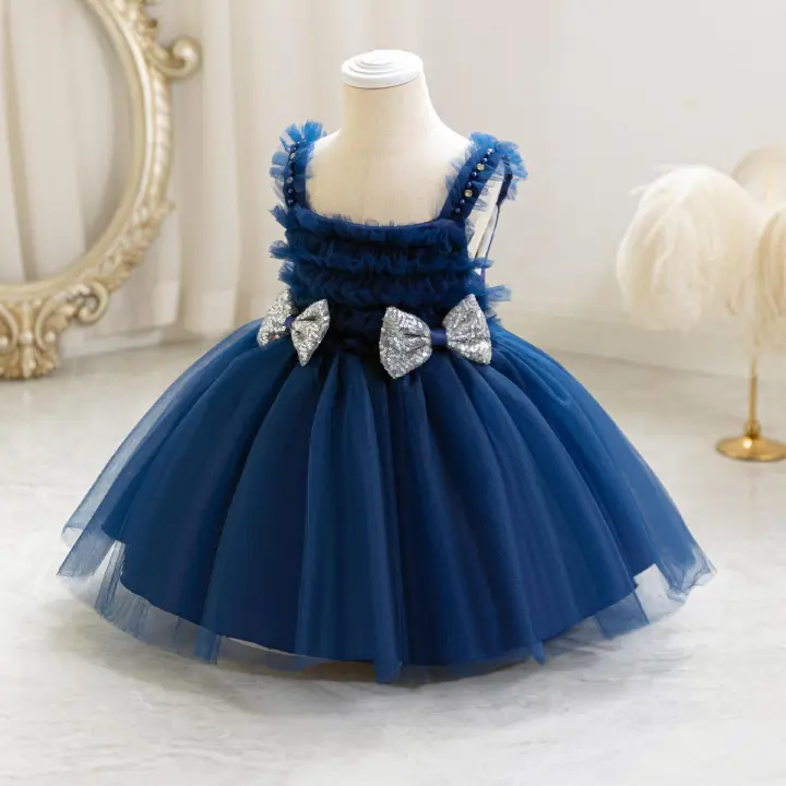 Summer new girl dress sleeveless square collar bow rhinestone mesh fluffy skirt Princess dress is suitable for birthday school party dinner dress costume.