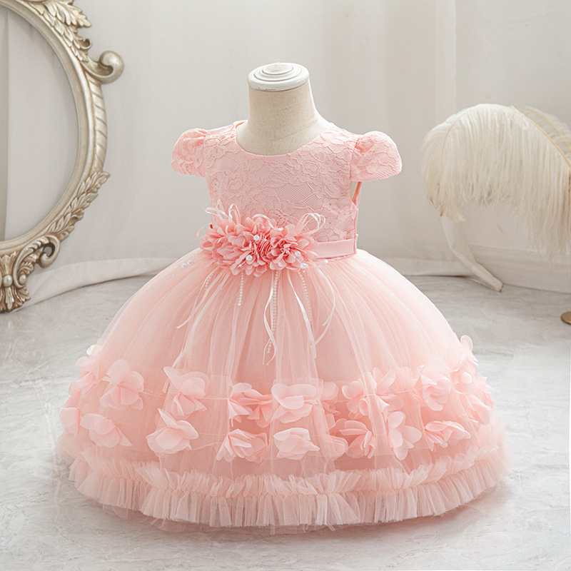 New girls' dresses in summer, short sleeves, round neck, flowers, beaded bows, gauze and fluffy skirts, princess dresses are suitable for birthday school party dinner dresses, costumes.