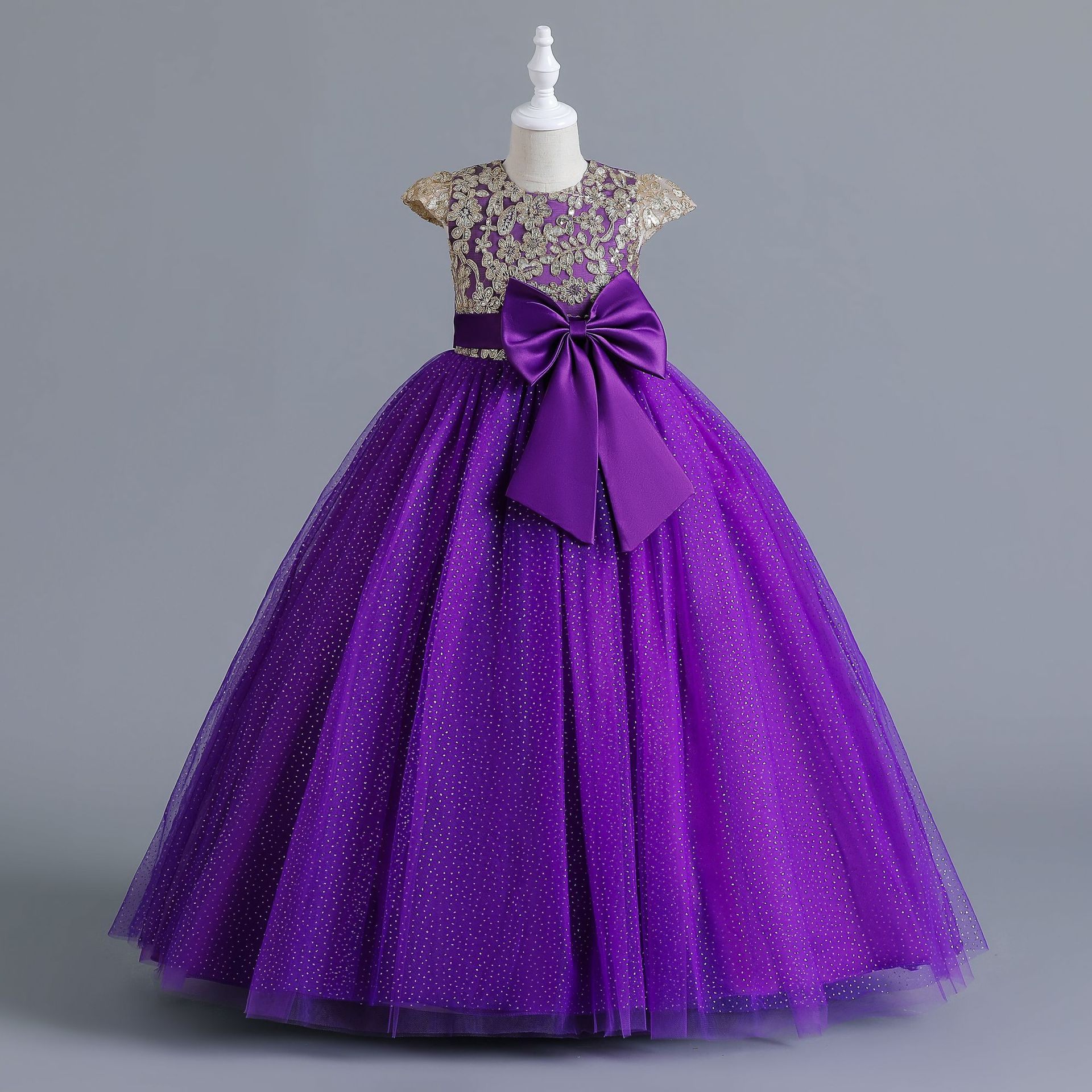 Summer new girl dress short sleeve round neck sequined bow mesh fluffy princess dress long dress suitable for birthday school party family party dinner dress costume.