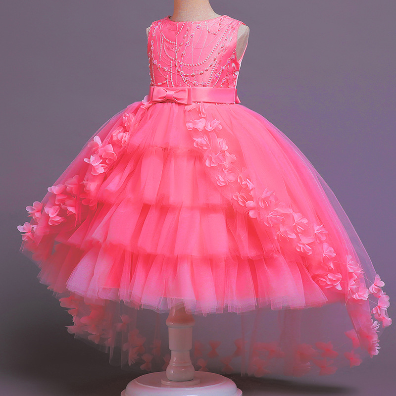 New girls' dresses in summer are sleeveless round neck beaded gauze fluffy princess skirts long dresses trailing dresses suitable for birthday school parties, family parties, dinner dresses and costum