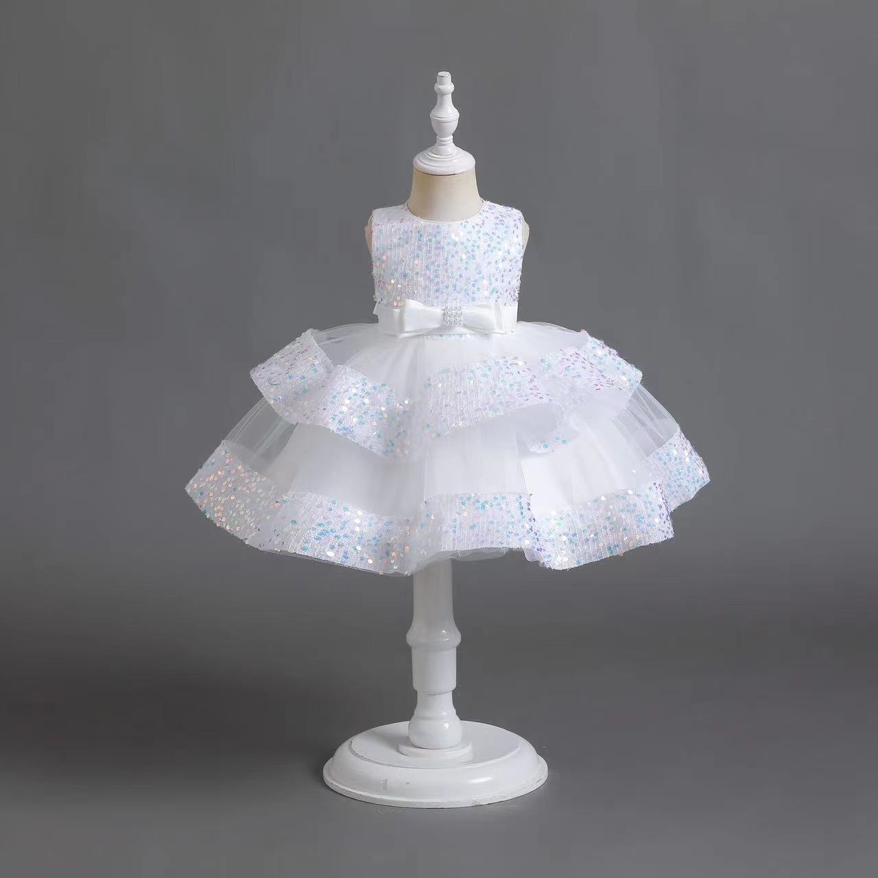Summer new girl dress sleeveless round neck sequined beaded bow gauze fluffy skirt princess dress birthday school party dinner dress costume