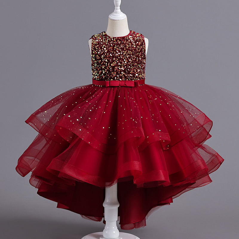 Summer new girl dress sleeveless round neck sequined gauze fluffy skirt long princess skirt trailing skirt suitable for birthday school party family party banquet dress costume.