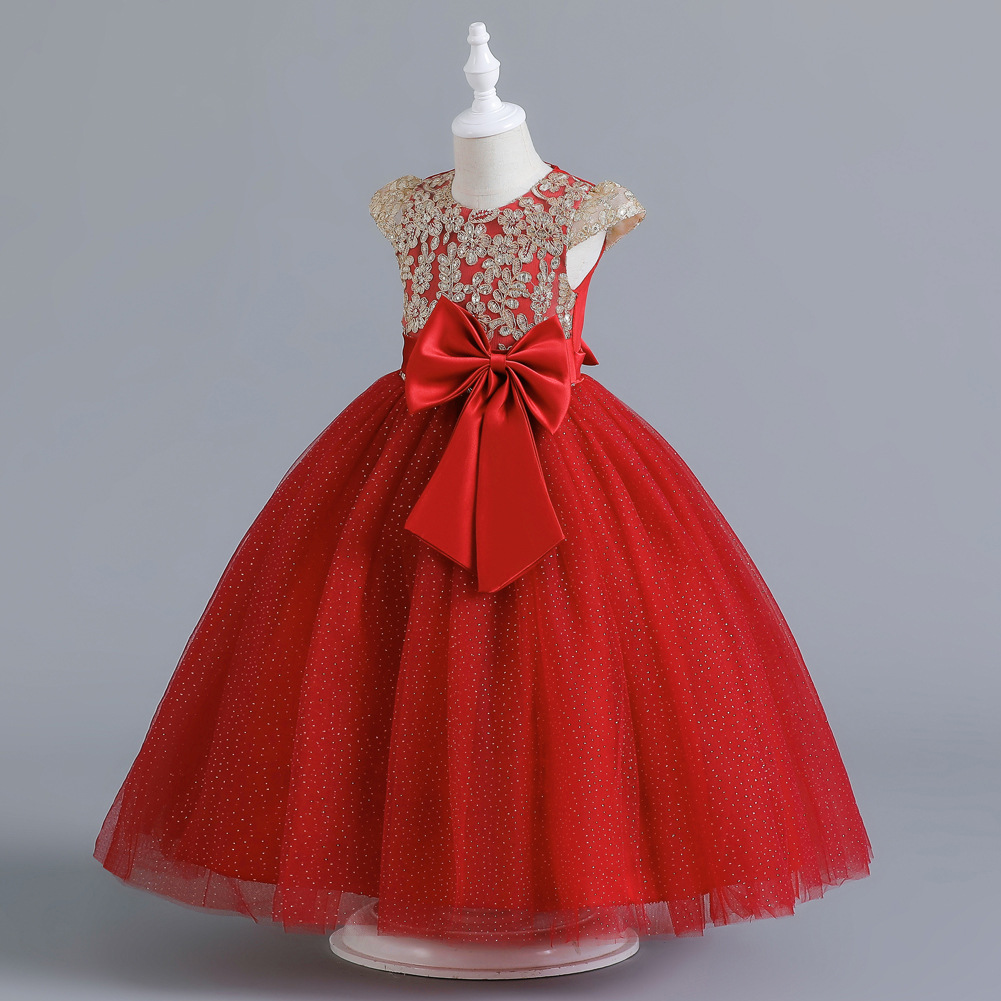 Summer new girl dress short sleeve round neck sequined bow mesh fluffy princess dress long dress suitable for birthday school party family party dinner dress costume.