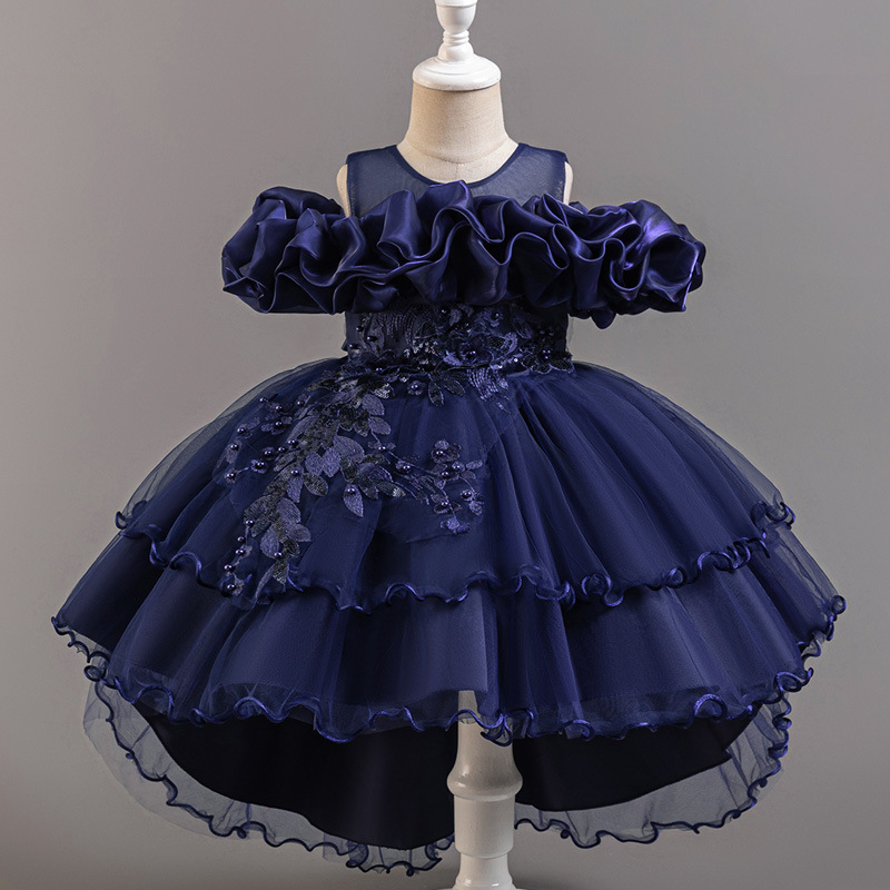 Summer new girl dress sleeveless round neck one-shoulder embroidered gauze fluffy skirt long trailing princess dress suitable for birthday school party family opportunity dinner dress costume.