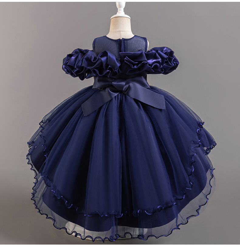 Summer new girl dress sleeveless round neck one-shoulder embroidered gauze fluffy skirt long trailing princess dress suitable for birthday school party family opportunity dinner dress costume.