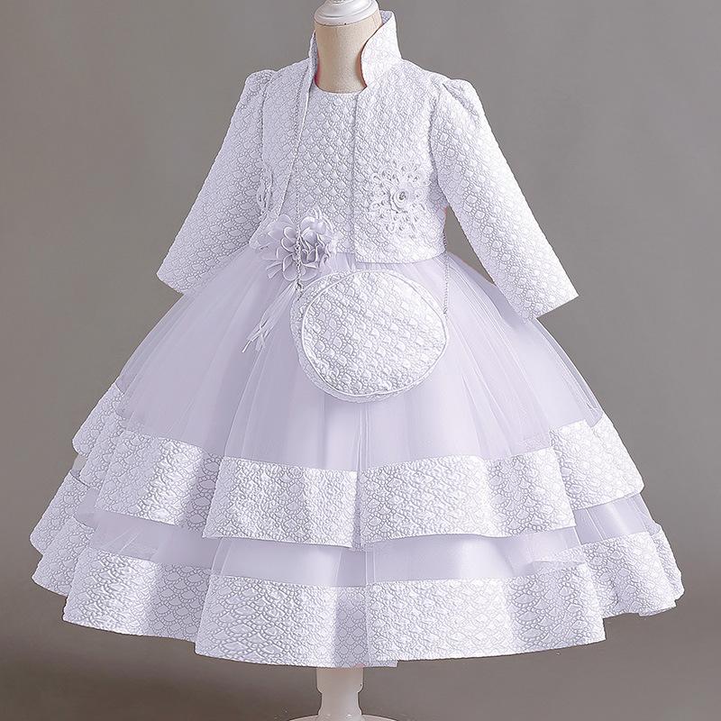 Summer new girls' dress suit long sleeve collar coat sleeveless round neck flower princess skirt small satchel dress three-piece birthday school party family party dinner dress costume.