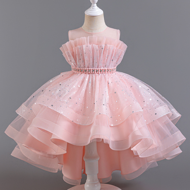 Summer new girl dress sleeveless round neck sequined gauze fluffy skirt princess skirt trailing dress is suitable for birthday school party family party dinner dress costume.
