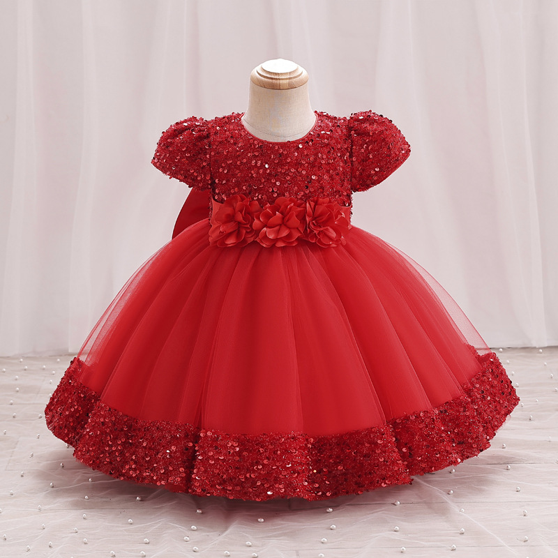 Summer new girls' dress with bubble sleeves and round neck flower bow sequined mesh fluffy princess dress long dress suitable for birthday school party, family party, dinner dress, costume.