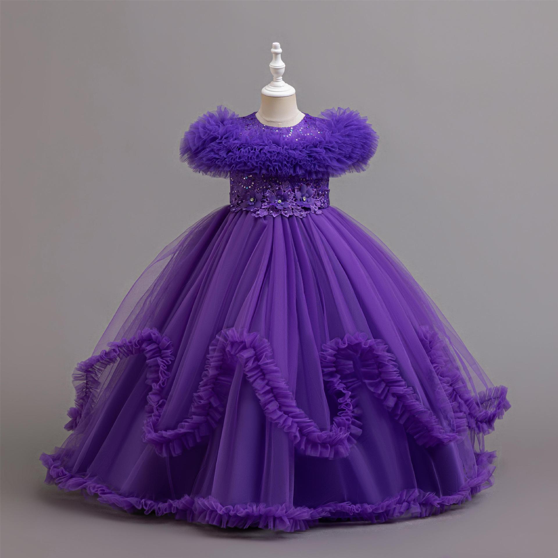 Summer new high-end girl dress round neck gauze fluffy skirt cute princess skirt long dress suitable for birthday school party family party dinner dress costume.