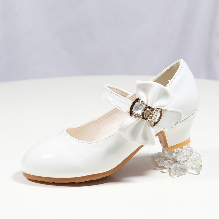 New girls' leather shoes with dresses Princess shoes rhinestone hook and loop bow high heels shoes are suitable for daily casual birthday school parties and banquets.
