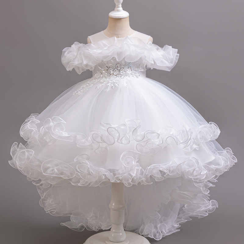 New girls' dresses sleeveless round neck, shoulder mesh fluffy skirt, princess skirt trailing dress is suitable for birthday party, school Christmas party, dinner dress, performance dress.