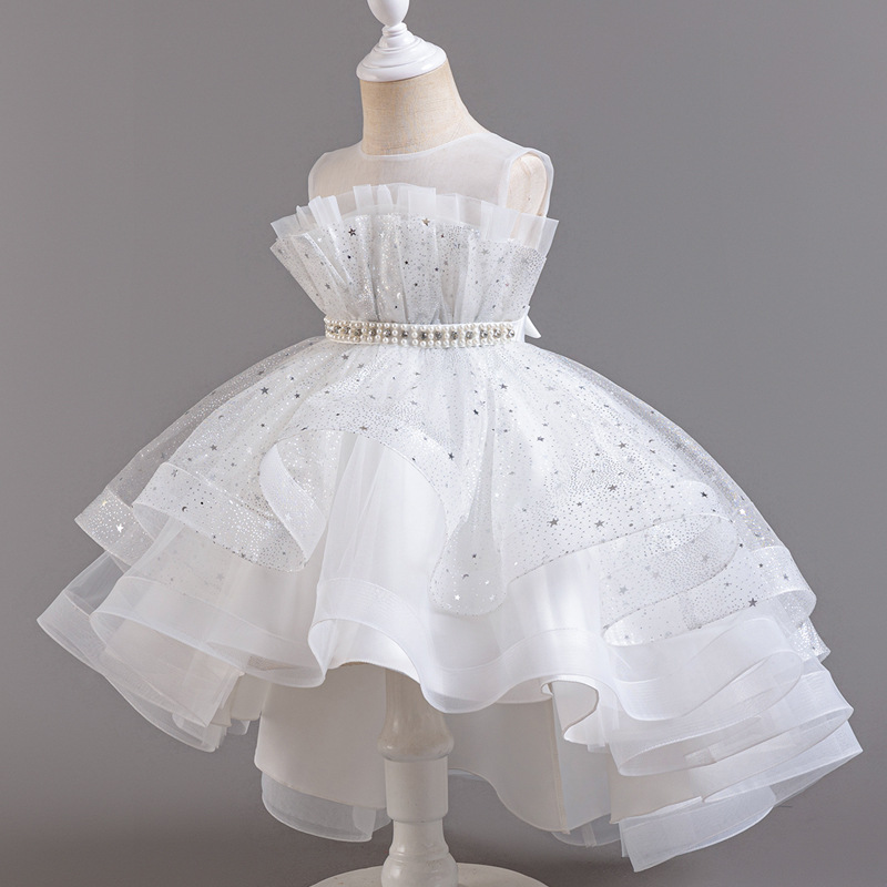 Summer new girl dress sleeveless round neck sequined gauze fluffy skirt princess skirt trailing dress is suitable for birthday school party family party dinner dress costume.