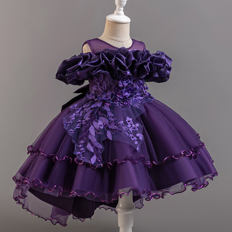 Summer new girl dress sleeveless round neck one-shoulder embroidered gauze fluffy skirt long trailing princess dress suitable for birthday school party family opportunity dinner dress costume.