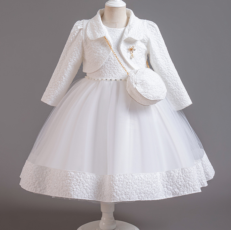 Summer new girls' dress suit long sleeve lapel coat sleeveless round neck beaded gauze princess skirt small satchel dress three-piece birthday school party family party dinner dress costume.