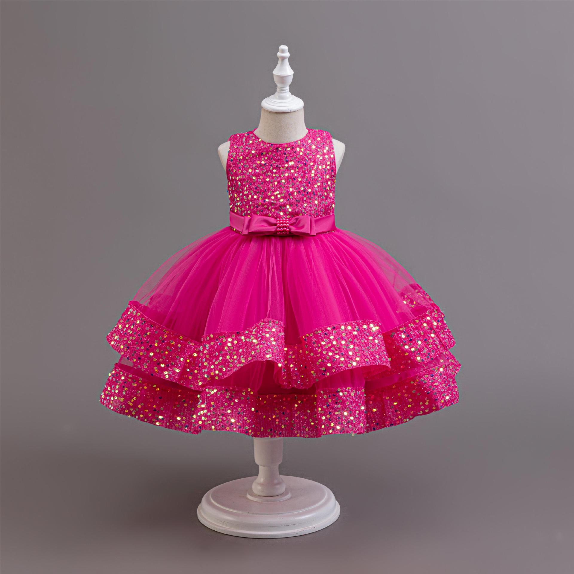 Summer new girl dress sleeveless round neck sequined beaded bow gauze fluffy skirt princess dress birthday school party dinner dress costume