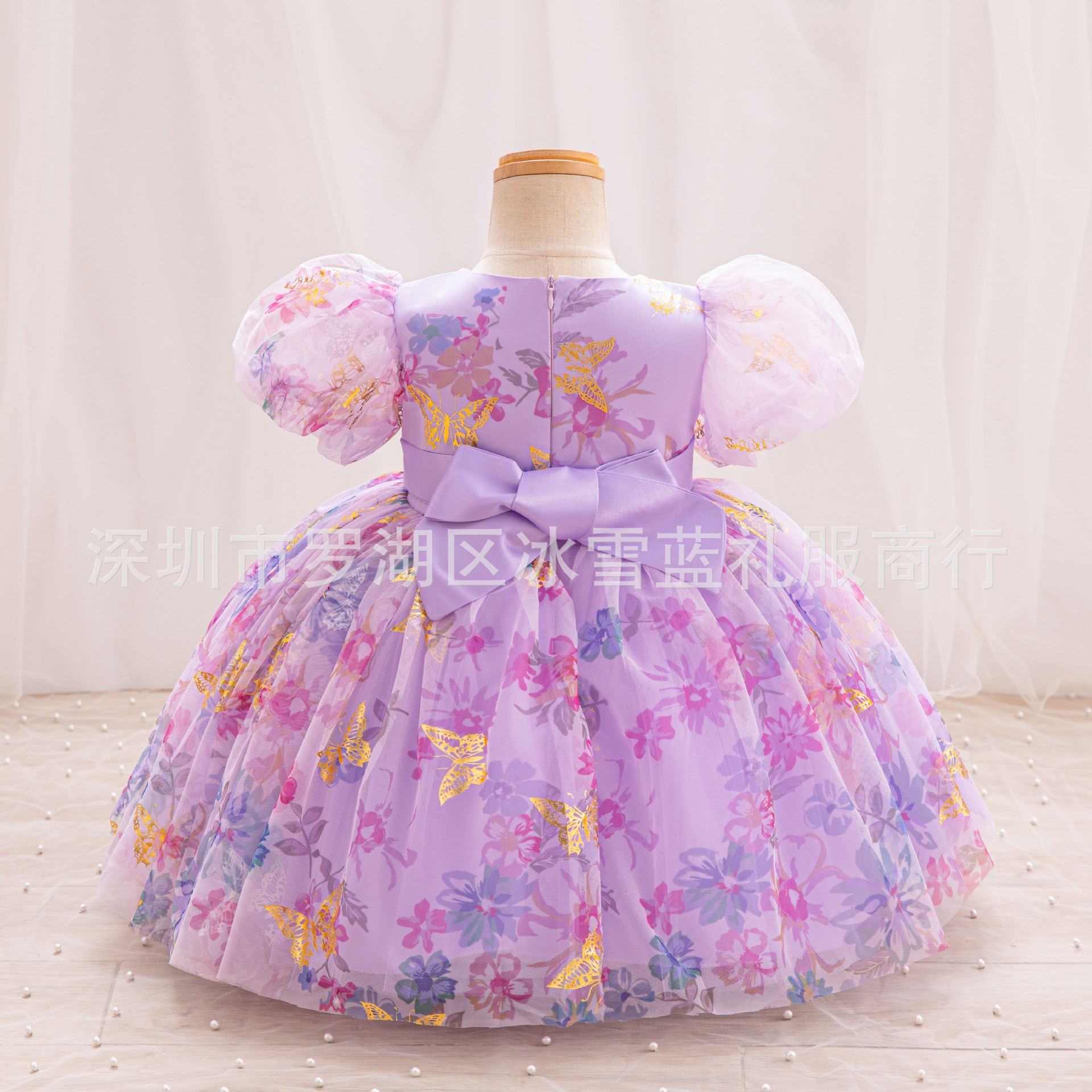 New girls' dresses in summer, puff sleeves, round neck bow, printed gauze fluffy skirt, princess dress, suitable for birthday school party, dinner dress, costume.