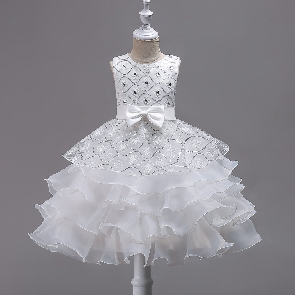 Summer new girls' dresses sleeveless round neck studded bow mesh fluffy princess skirt long dress cake skirt suitable for birthday school party family party dinner dress costume.