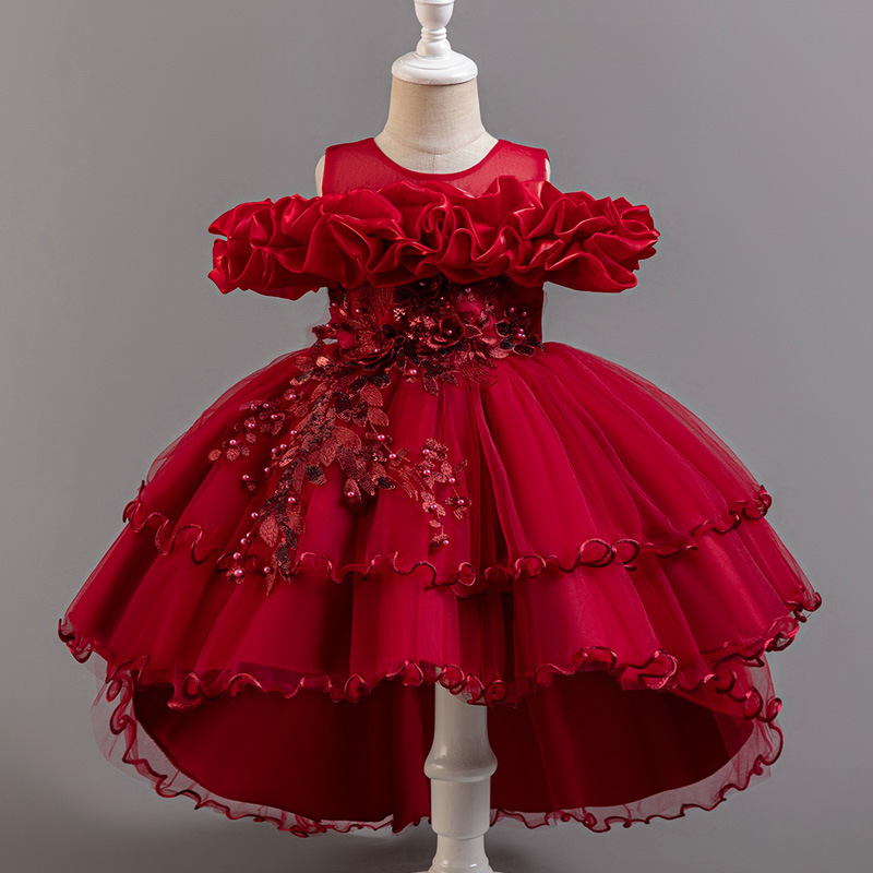 Summer new girl dress sleeveless round neck one-shoulder embroidered gauze fluffy skirt long trailing princess dress suitable for birthday school party family opportunity dinner dress costume.