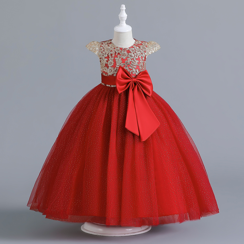Summer new girl dress short sleeve round neck sequined bow mesh fluffy princess dress long dress suitable for birthday school party family party dinner dress costume.