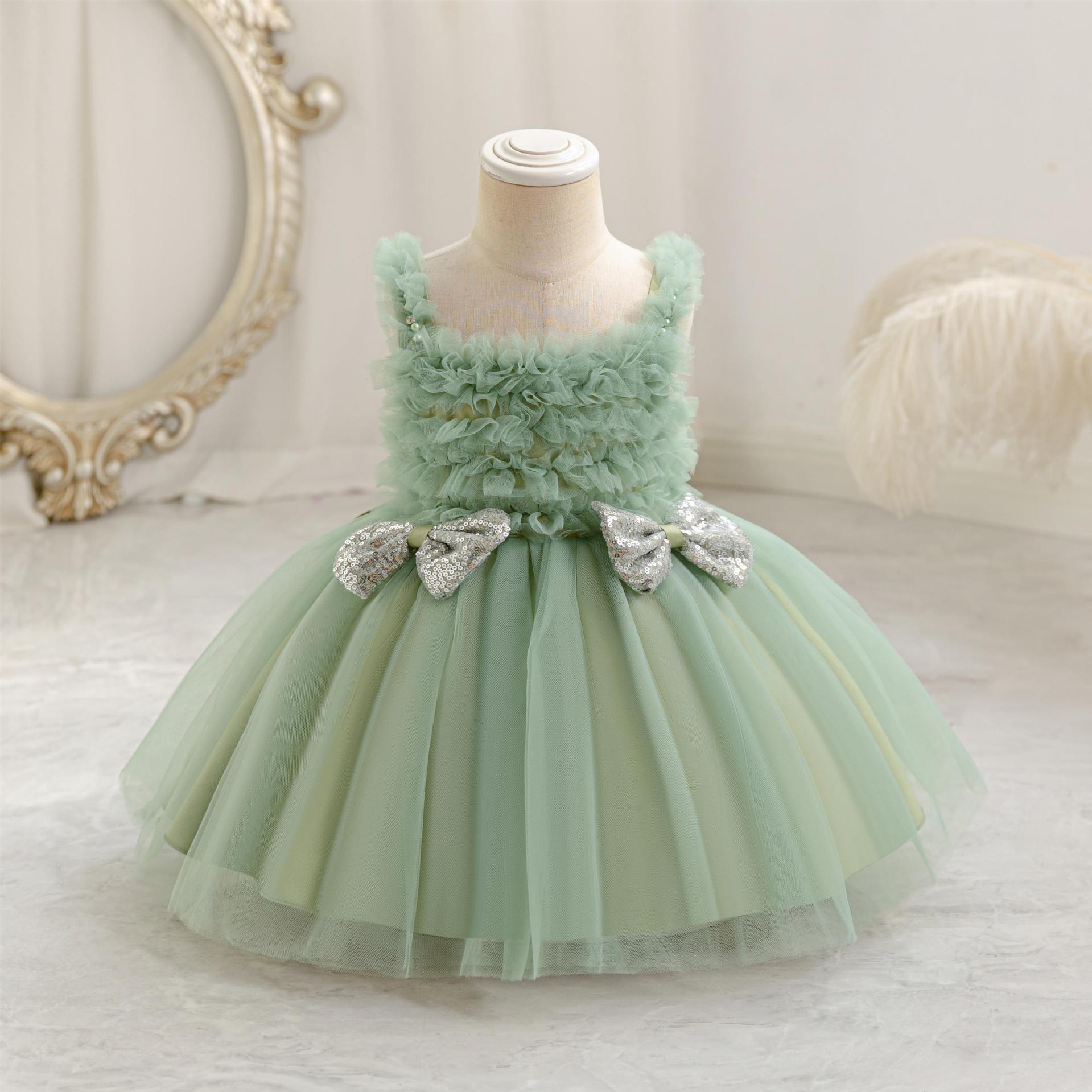 Summer new girl dress sleeveless square collar bow rhinestone mesh fluffy skirt Princess dress is suitable for birthday school party dinner dress costume.
