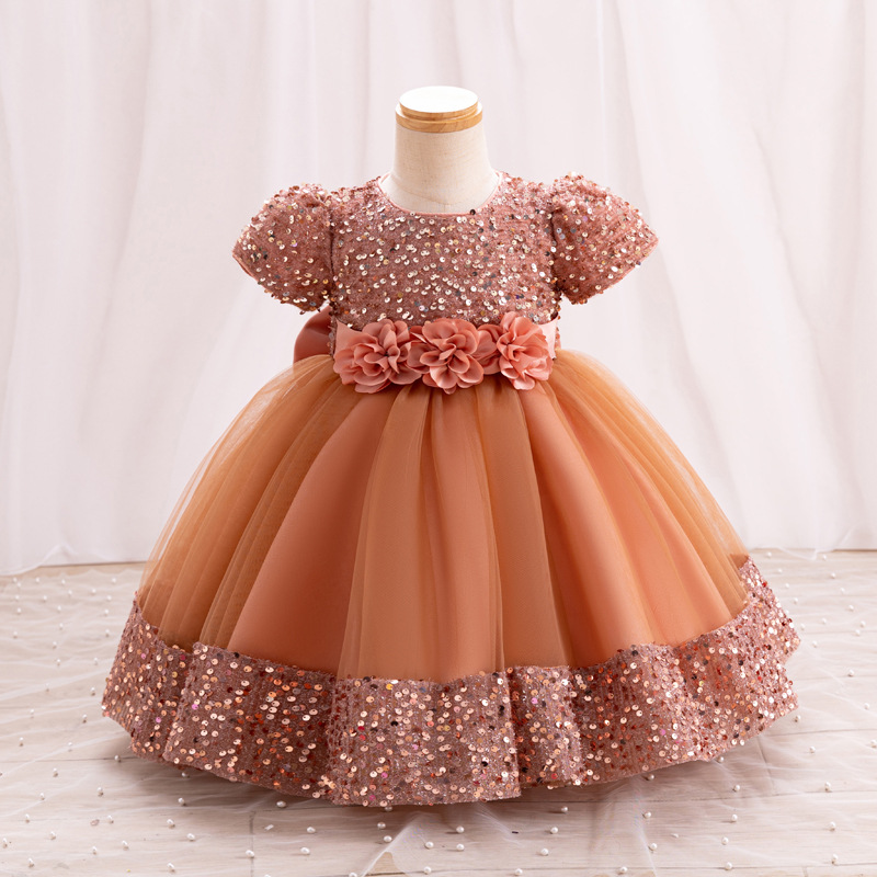 Summer new girls' dress with bubble sleeves and round neck flower bow sequined mesh fluffy princess dress long dress suitable for birthday school party, family party, dinner dress, costume.