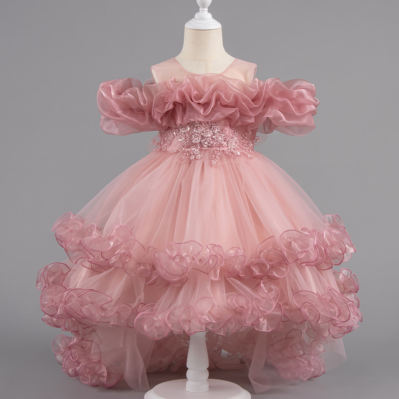 New girls' dresses sleeveless round neck, shoulder mesh fluffy skirt, princess skirt trailing dress is suitable for birthday party, school Christmas party, dinner dress, performance dress.