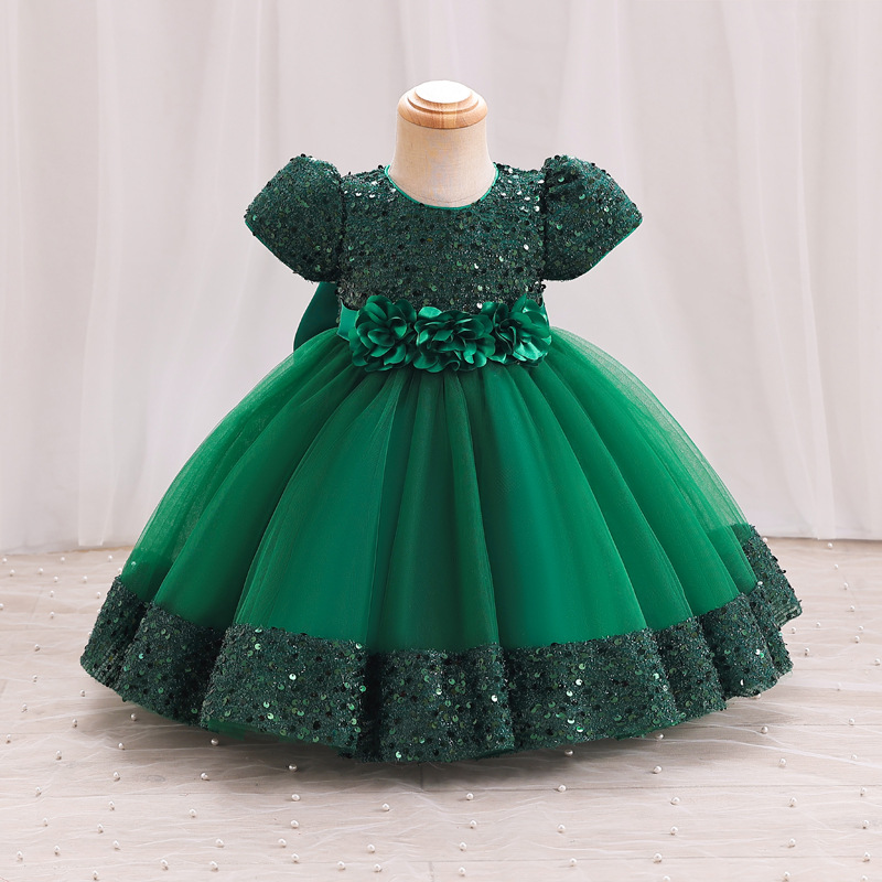 Summer new girls' dress with bubble sleeves and round neck flower bow sequined mesh fluffy princess dress long dress suitable for birthday school party, family party, dinner dress, costume.