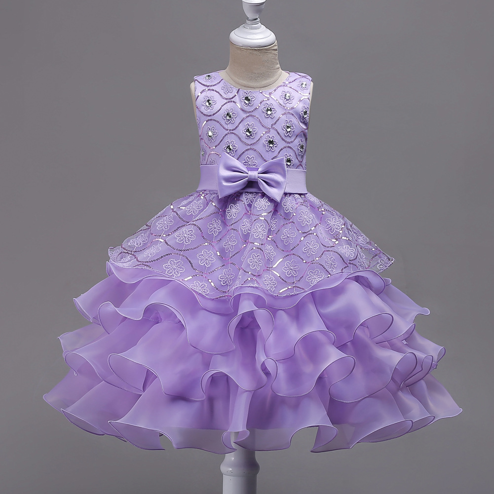 Summer new girls' dresses sleeveless round neck studded bow mesh fluffy princess skirt long dress cake skirt suitable for birthday school party family party dinner dress costume.