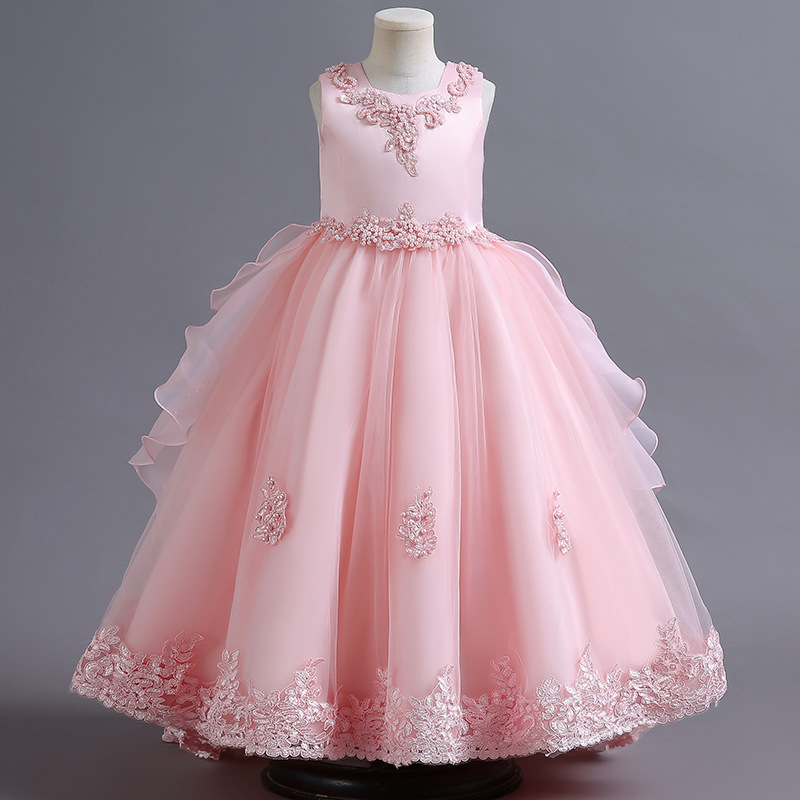 New girls' dress sleeveless round neck beaded bow gauze fluffy skirt long dress trailing dress suitable for birthday school party family party dinner dress costume.